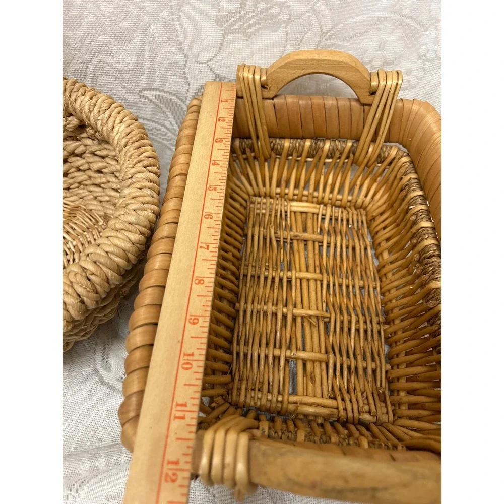 Vintage Woven Wicker Basket Set Round Rope Handle‎ and Rectangular Wood Handle